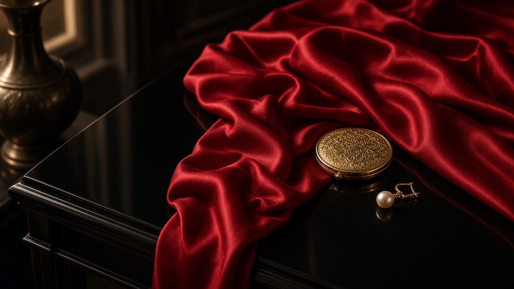 Crimson silk and a gold compact on a black lacquer table