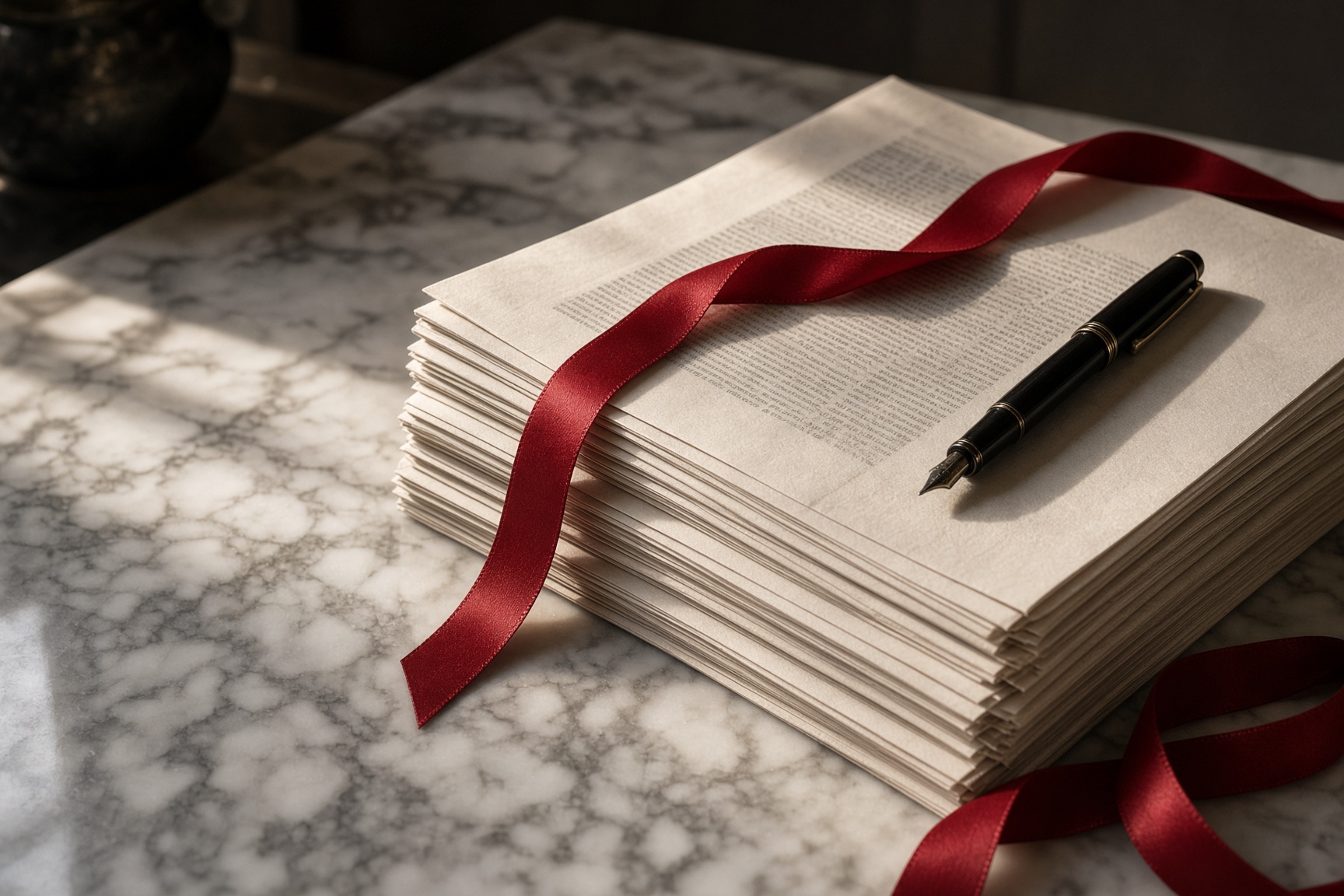 Cream newspapers, a crimson ribbon, and a pen on marble