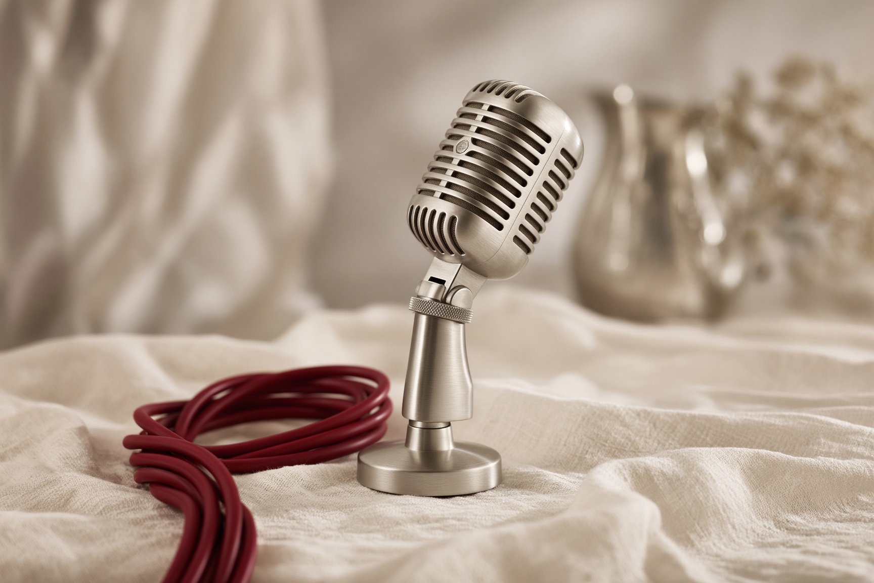 A broadcast microphone and a crimson cable on ivory linen