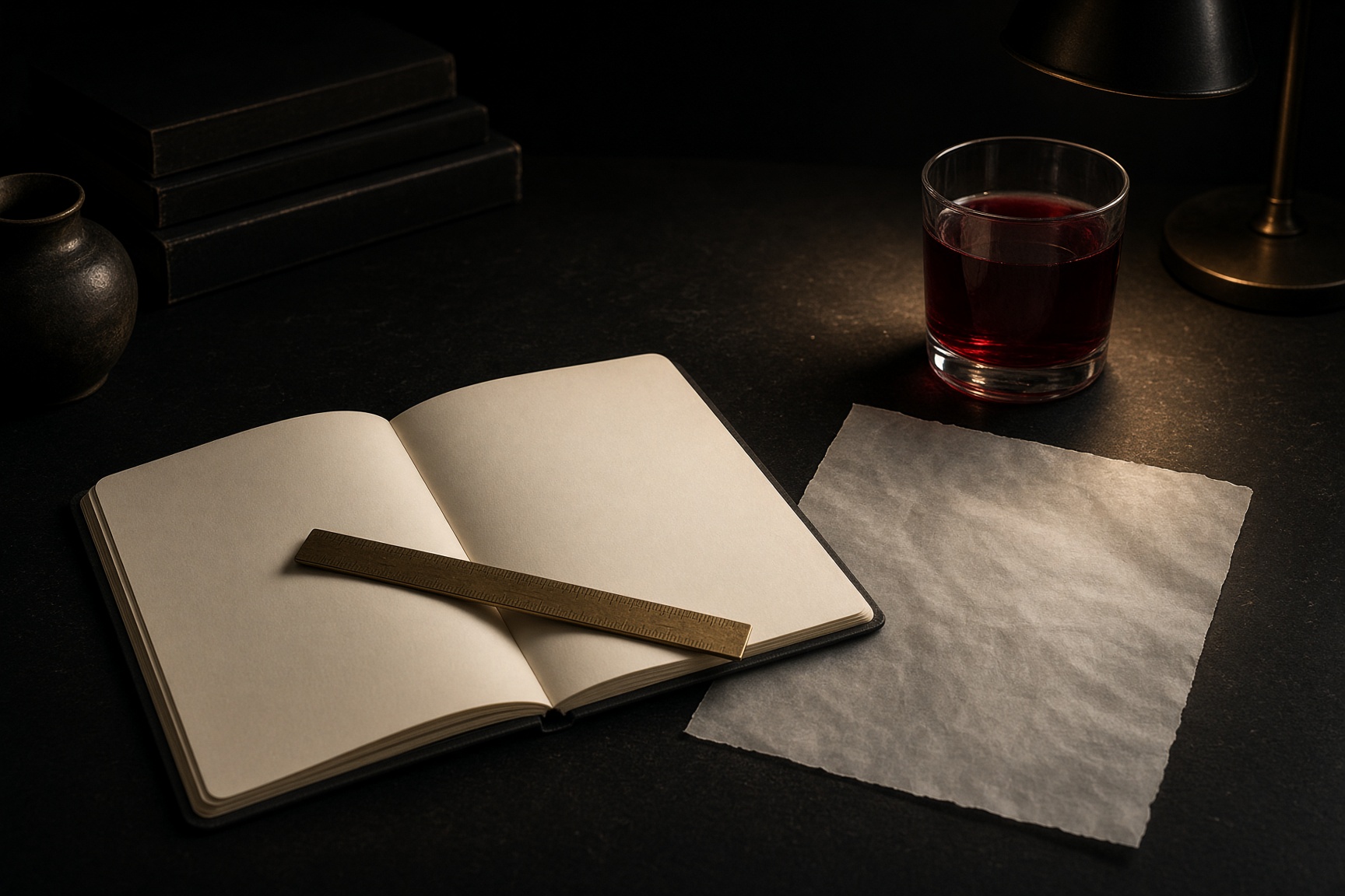 A dark research desk with a notebook, brass ruler, and a glass of red